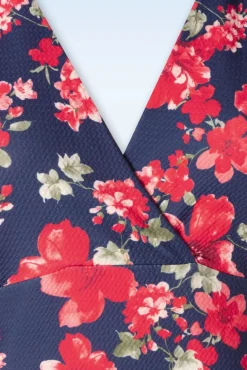 Katie Floral Pencil Jurk In Marineblauw En Rood