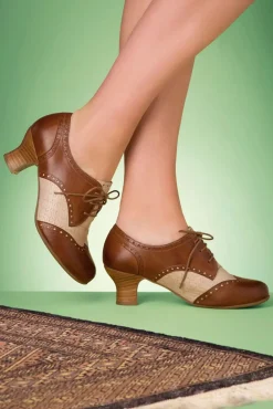 Tully Lederen Veterschoentjes In Cognac En Creme